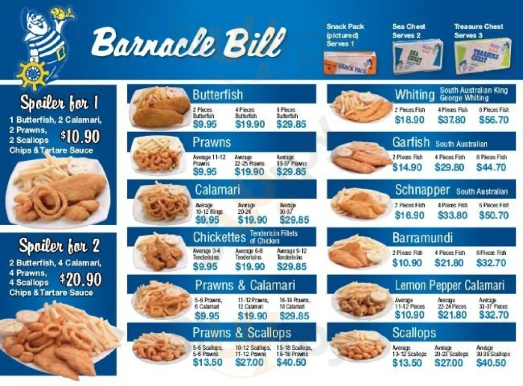 Barnacle Bill Seafood meals Menu