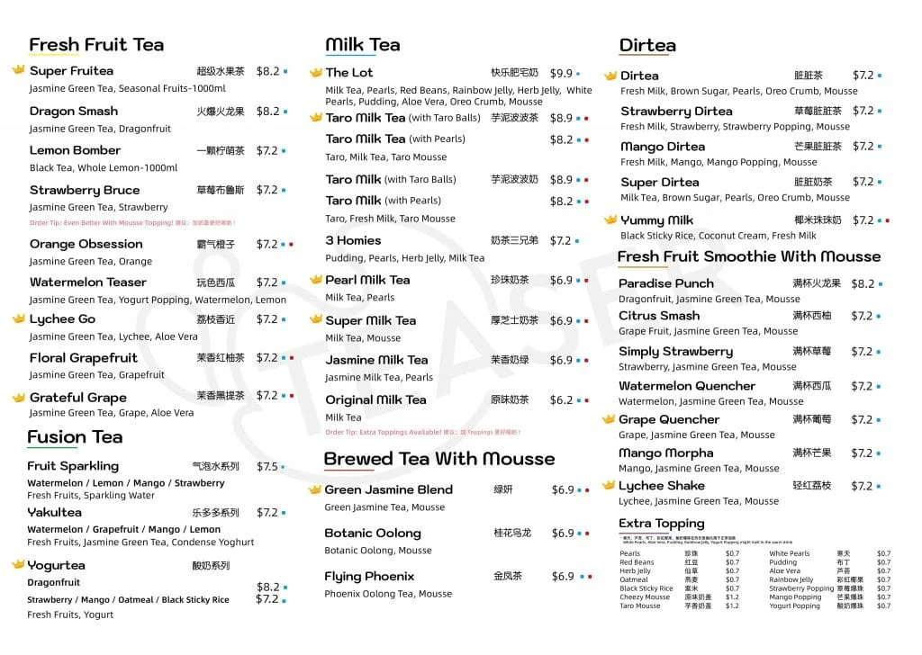 Teaser Bubble Tea menu